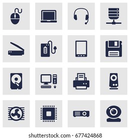 Set Of 16 Laptop Icons Set.Collection Of Headset, Microprocessor, Computer And Other Elements.