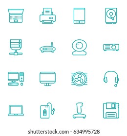 Set Of 16 Laptop Outline Icons Set.Collection Of Tablet, Printer, Server And Other Elements.