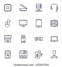 Set Of 16 Laptop Outline Icons Set.Collection Of Projector, Powerbank, Scanner And Other Elements.