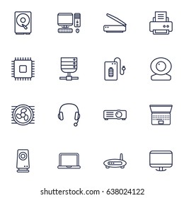 Set Of 16 Laptop Outline Icons Set.Collection Of Hdd, PC, Laptop And Other Elements.