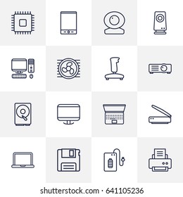 Set Of 16 Laptop Outline Icons Set.Collection Of Tablet, Floppy, Hdd And Other Elements.