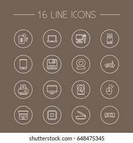 Set Of 16 Laptop Outline Icons Set.Collection Of Computer Mouse, Monitor, Powerbank And Other Elements.