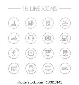 Set Of 16 Laptop Outline Icons Set.Collection Of Projector, PC, Powerbank And Other Elements.