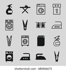 set of 16 laundry filled and outline icons such as spray bottle, cloth pin, ironing table, iron, washing machine, photos on rope