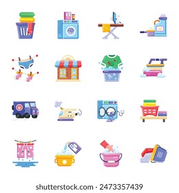 Set of 16 Laundry Flat Icons 