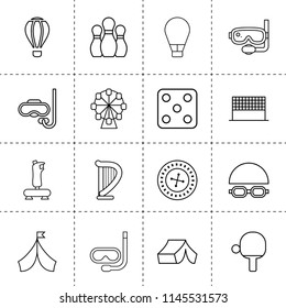 Set of 16 leisure outline icons such as harp, dice, roulette, joystick, s, ferris wheel, air balloon, tent, tennis table, scuba, bowling, swimming cap and glasses