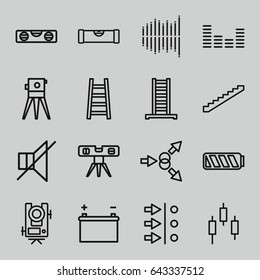 set of 16 level outline icons such as ladder, stairs, theodolite, no sound, equalizer, battery, atom move