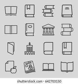 Set of 16 library outline icons such as court, book, paper and apple, magazine