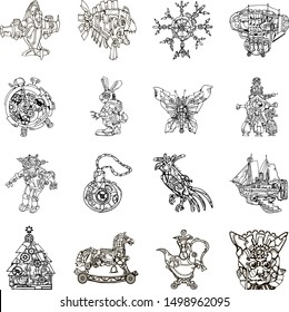 Set of 16 line art abstract fantasy vintage steampunk style toy icons featuring fictional machines and animals. Christmas tree toys set. Hand drawn elements. 