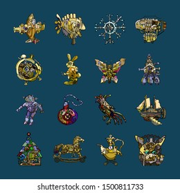 Set of 16 line art abstract fantasy vintage steampunk style toy icons featuring fictional machines and animals. Christmas tree toys set. Hand drawn elements. 