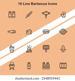 Set of 16 line barbecue icons representing BBQ tools food and outdoor cooking elements.