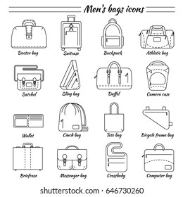 Set of 16 line icons. Different types of men's bag. Backpack, athletic, satchel, sling, camera case, wallet, bicycle frame bag, briefcase, messenger, crossboby etc. Vector illustration.