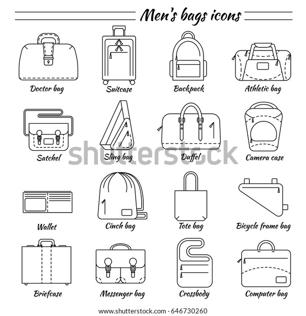 Set of 16\
line icons. Different types of men\'s bag. Backpack, athletic,\
satchel, sling, camera case, wallet, bicycle frame bag, briefcase,\
messenger, crossboby etc. Vector\
illustration.
