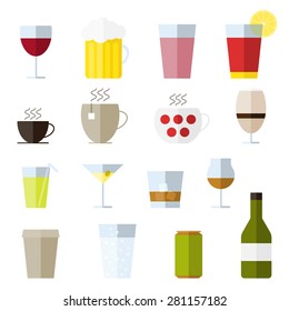 Set of 16 line icons with drinks in a flat design.