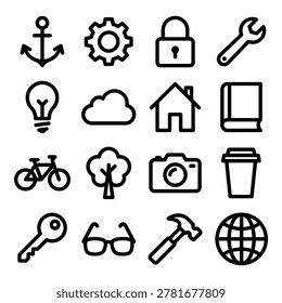 A set of 16 line icons featuring various objects, including transportation, technology, and nature symbols, in a modern flat vector style, suitable for business presentations, marketing materials, websites, and social media, with a focus on creativity and minimalism.