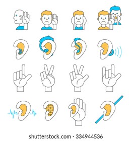 Set of 16 line icons for hearing problems. Collection of thin line vector icons for hearing loss, hard of hearing, deafness, hearing aids, hearing test, sign language etc. 