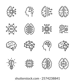 Set of 16 line icons representing artificial intelligence and brain technology concepts, including AI chips, neural networks, and brain connections.