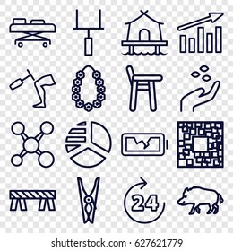 Set of 16 line outline icons such as 24 hours, hog, hand with seeds, cloth pin, pie chart, barrier, knee hammer reaction check, hospital stretch, garland