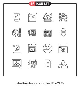 Conjunto de 16 iconos de estilo de línea para web y móvil. Símbolos de esquema para impresión. Señales de icono de línea aisladas en fondo blanco.16 Conjunto de iconos.
