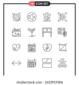 Set von 16 Line Style Icons für Web und Mobile. Umrisssymbole für den Druck. Liniensymbole einzeln auf weißem Hintergrund. 16 Symbolsatz.