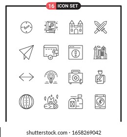 Conjunto de 16 iconos de estilo de línea para web y móvil. Símbolos de esquema para impresión. Señales de icono de línea aisladas en fondo blanco.16 Conjunto de iconos.