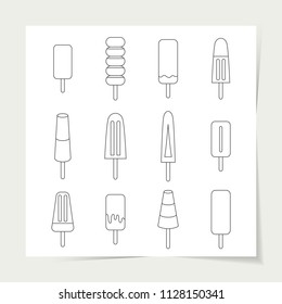 Set of 16 linear ice cream, fruit ice and frozen yogurt icons with wooden sticks in black and white colors isolated on white background.