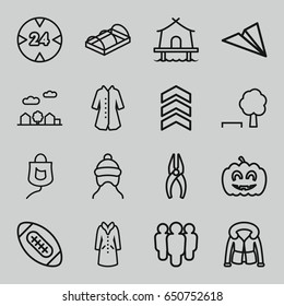 set of 16 linear outline icons such as baby cap, overcoat, nippers, greenohuse, drop counter, pumpkin haloween, city landscape, tent, arrow, 24 hour