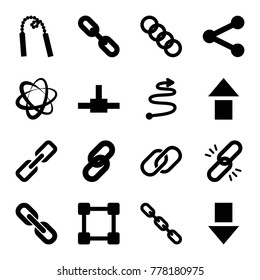 Set of 16 link filled icons such as chain, arrow up, arrow down, network connection, link, share, curved arrow