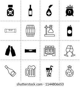Set of 16 liquid filled and outline icons such as bubble level, cauldron with horseshoe, beer bottle, can, cocktail, blood, poison, wine bottle, barrel, beer mug