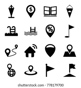 Set of 16 location filled icons such as location, pool, pin on globe, distance, flag, photo album, swimming pool, gold flag