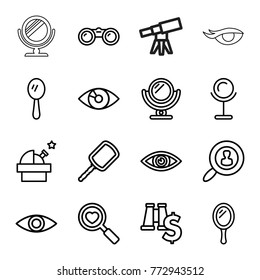Set of 16 look outline icons such as mirror, observatory, heart search, eye, binoculars with dollar sign, user search, binoculars