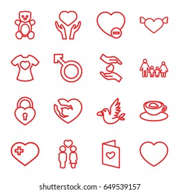 set of 16 love outline icons such as teddy bear, heart with cross, heart on hand, couple, minus favorite, woman