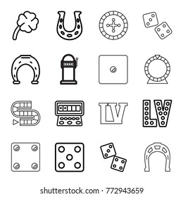 Set of 16 lucky outline icons such as dice, slot machine, vegas, dice, horseshoe, clover, roulette, horseshoe