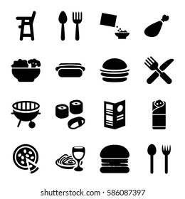 Set of 16 lunch filled icons such as spoon and fork, baby chair, burger, burrito, pasta and wine glass, meat leg, cereal, bbq, pizza, menu, food, hot dog