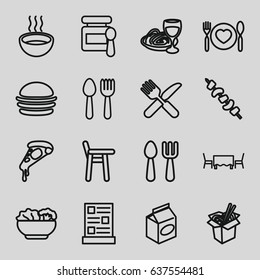 set of 16 lunch outline icons such as spoon and fork, baby food, burger, pizza, noodles fast food, kebab, soup, menu, restaurant table