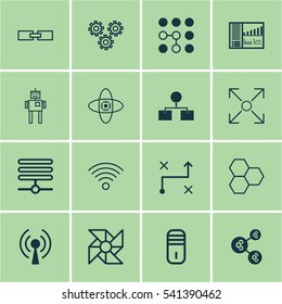 Set Of 16 Machine Learning Icons. Includes Wireless Communications, Branching Program, Algorithm Illustration And Other Symbols. Beautiful Design Elements.