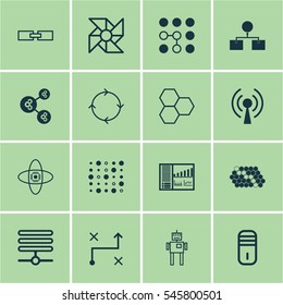 Set Of 16 Machine Learning Icons. Includes Variable Architecture, Controlling Board, Cyborg And Other Symbols. Beautiful Design Elements.