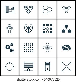 Set Of 16 Machine Learning Icons. Includes Information Base, Hive Pattern, Cyborg And Other Symbols. Beautiful Design Elements.