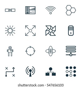 Set Of 16 Machine Learning Icons. Includes Atomic Cpu, Mainframe, Analysis Diagram And Other Symbols. Beautiful Design Elements.