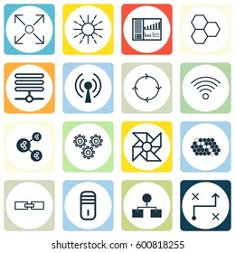 Set Of 16 Machine Learning Icons. Includes Hive Pattern, Mainframe, Wireless Communications And Other Symbols. Beautiful Design Elements.
