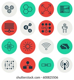 Set Of 16 Machine Learning Icons. Includes Wireless Communications, Related Information, Controlling Board And Other Symbols. Beautiful Design Elements.