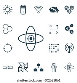 Set Of 16 Machine Learning Icons. Includes Analysis Diagram, Variable Architecture, Solution And Other Symbols. Beautiful Design Elements.