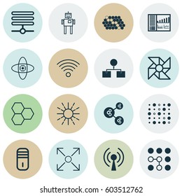 Set Of 16 Machine Learning Icons. Includes Mainframe, Computing Problems, Laptop Ventilator And Other Symbols. Beautiful Design Elements.