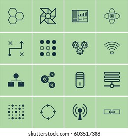 Set Of 16 Machine Learning Icons. Includes Information Components, Atomic Cpu, Recurring Program And Other Symbols. Beautiful Design Elements.