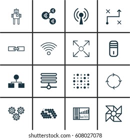 Set Of 16 Machine Learning Icons. Includes Branching Program, Hive Pattern, Laptop Ventilator And Other Symbols. Beautiful Design Elements.