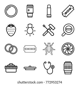 Set of 16 macro outline icons such as razor, stethoscope, screwdriver, glue pen, camera shutter, camera lense, camera bulb, zoom out, strawberry