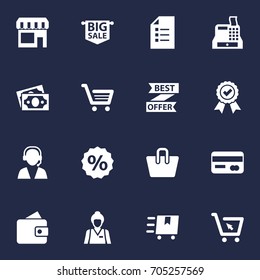 Set Of 16 Magazine Icons Set.Collection Of Billfold, Seller, Till And Other Elements.