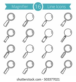 Set of 16 magnifying glass line icons, zoom icons set, vector eps10 illustration