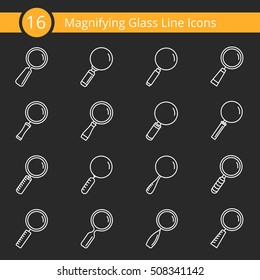 Set of 16 magnifying glass line icons, zoom icons set, dark background, vector eps10 illustration