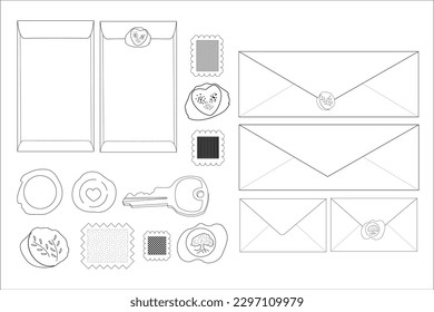 Set of 16 mail elements. Envelopes, stamps, wax seals, one key. Vintage post office mail vectors. Miscellaneous. Doodles.